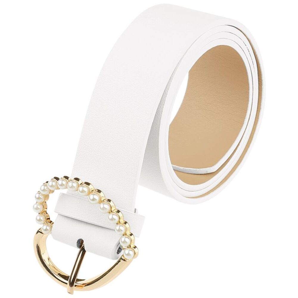 Stylish Heart-Shaped Buckle with Beads Encrusted Buckle Waistband Pure White